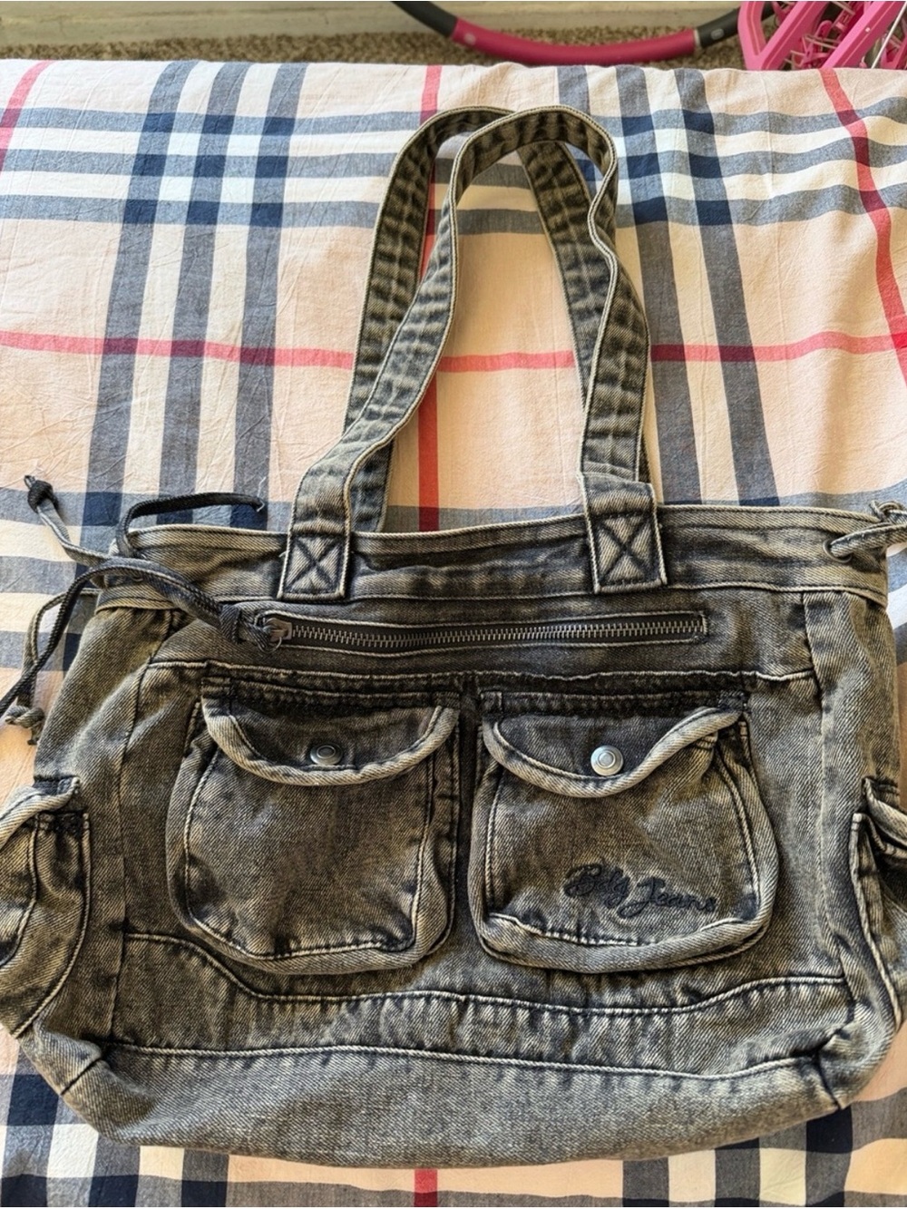 Urban Outfitters Washed Black Canvas Tote with Front Pockets